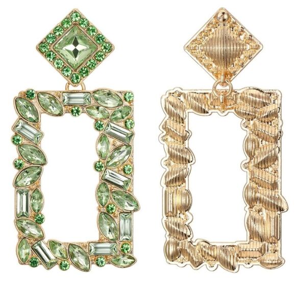 Yellow Gold with Peridot Green Crystal Geometric Open Rectangle Post Earrings - Picture 4 of 5